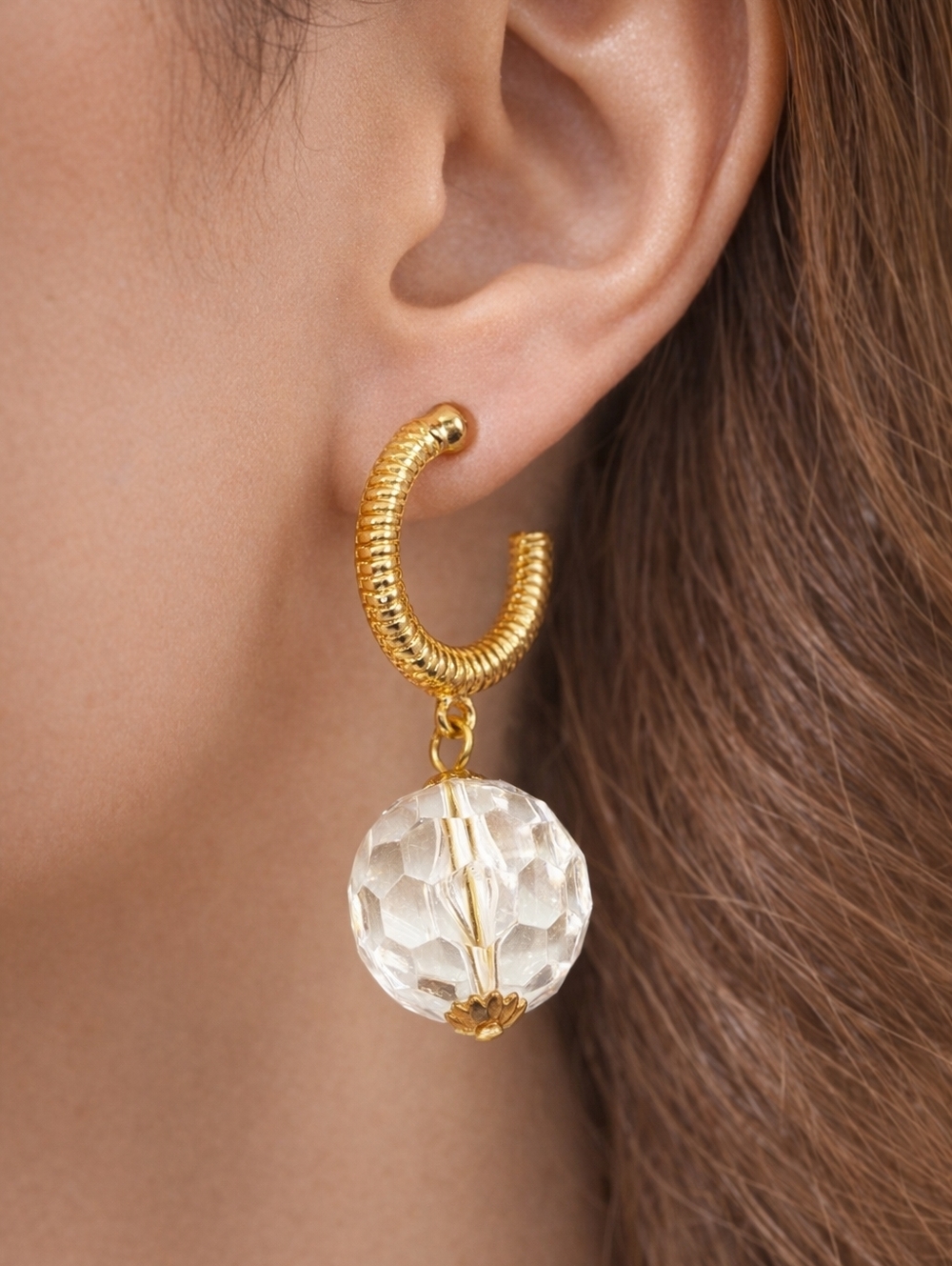 Gold-Tone Textured Hoop Earrings w/ Clear Crystal Drop – Bold Statement Jewelry
